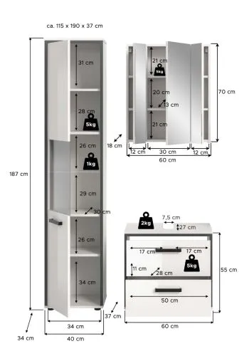 Bad Set Kojak 2 | 3-teilig | weiß / weiß Hochglanz | ohne Beleuchtung
