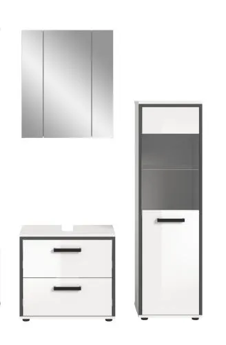 Bad Set Kojak 3 | 3-teilig | weiß / weiß Hochglanz | Spiegelschrank mit Beleuchtung
