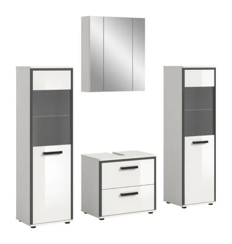 Bad Set Kojak 6 | 4-teilig | weiß / weiß Hochglanz | Spiegelschrank mit Beleuchtung