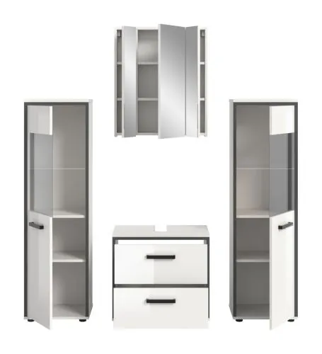 Bad Set Kojak 6 | 4-teilig | weiß / weiß Hochglanz | Spiegelschrank mit Beleuchtung