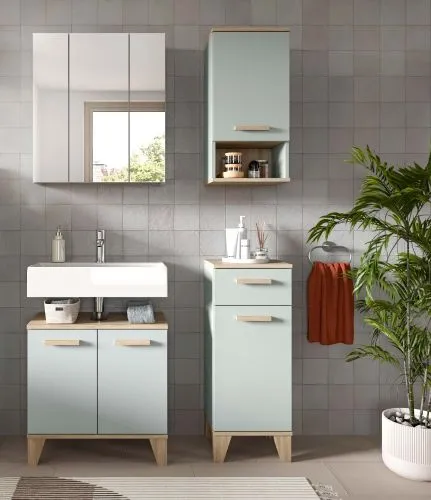 Bad Set Star 2 | 4-teilig | hellgrün / Eiche | Spiegelschrank mit optionaler Beleuchtung