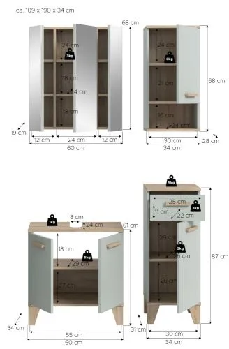 Bad Set Star 2 | 4-teilig | hellgrün / Eiche | Spiegelschrank mit optionaler Beleuchtung