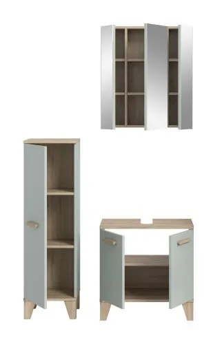 Bad Set Star 3 | 3-teilig | hellgrün / Eiche | Spiegelschrank mit Beleuchtung