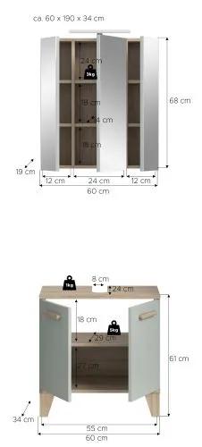 Bad Set Star 4 | 2-teilig | hellgrün / Eiche | Spiegelschrank mit optionaler Beleuchtung