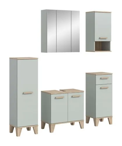 Bad Set Star | 5-teilig | hellgrün / Eiche | Spiegelschrank mit Beleuchtung