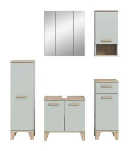 Bad Set Star | 5-teilig | hellgrün / Eiche | Spiegelschrank mit Beleuchtung