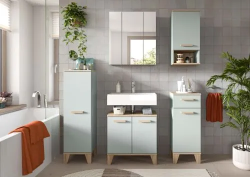 Bad Set Star | 5-teilig | hellgrün / Eiche | Spiegelschrank mit optionaler Beleuchtung