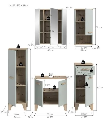 Bad Set Star | 5-teilig | hellgrün / Eiche | Spiegelschrank mit optionaler Beleuchtung