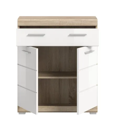 Badezimmer Kommode 2 Lambada | weiß Hochglanz / Sonoma Eiche