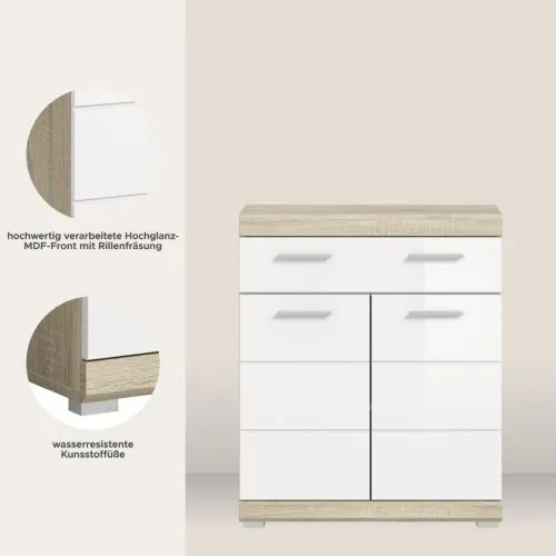 Badezimmer Kommode 2 Lambada | weiß Hochglanz / Sonoma Eiche
