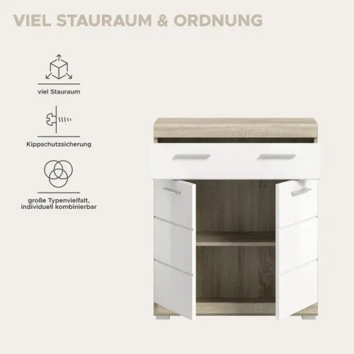 Badezimmer Kommode 2 Lambada | weiß Hochglanz / Sonoma Eiche