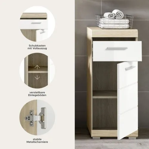 Badezimmer Kommode Lambada | weiß Hochglanz / Sonoma Eiche hell