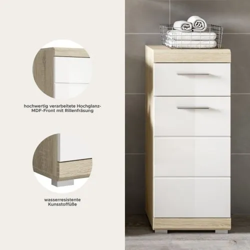 Badezimmer Kommode Lambada | weiß Hochglanz / Sonoma Eiche hell