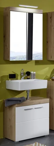 Badezimmer-Set Amanda | weiß Hochglanz / Eiche Asteiche | 2-teilig mit Aufsatzleuchte