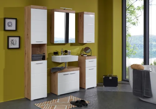 Badezimmer-Set Amanda | weiß Hochglanz / Eiche Asteiche | 3-teilig