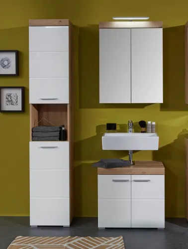 Badezimmer-Set Amanda | weiß Hochglanz / Eiche Asteiche | 3-teilig ohne Aufsatzleuchte