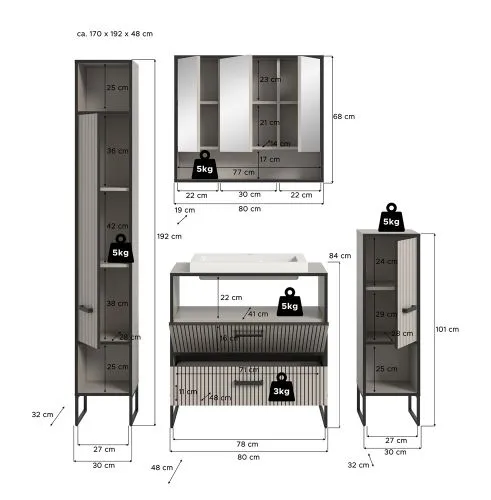 Badezimmer-Set Bagno | Kaschmir | 4-teilig | inkl. Waschbecken