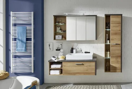 Badezimmer-Set Bay | inkl. Waschbecken | Eiche Honig / Beton | 4-teilig Aufsatzleuchte