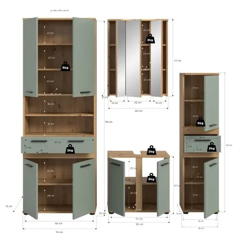 Badezimmer-Set Blake 1 | Salbei / Artisan Eiche | 4-teilig mit Aufsatzleuchte