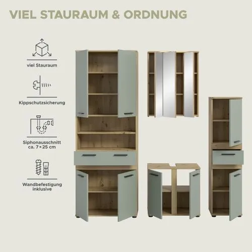 Badezimmer-Set Blake 1 | Salbei / Artisan Eiche | 4-teilig mit Aufsatzleuchte
