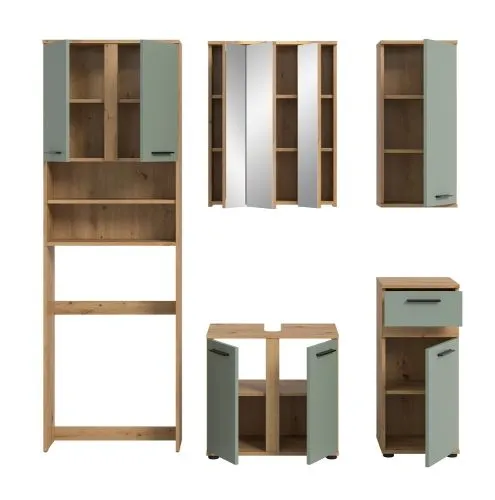 Badezimmer-Set Blake 1 | Salbei / Artisan Eiche | 5-teilig mit LED