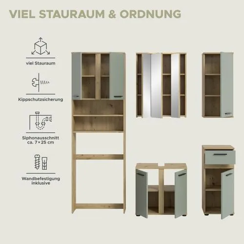 Badezimmer-Set Blake 1 | Salbei / Artisan Eiche | 5-teilig ohne Beleuchtung