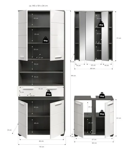 Badezimmer-Set Blake 1 | weiß Hochglanz / rauchsilber | 3-teilig mit Aufsatzbeleuchtung