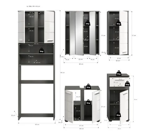 Badezimmer-Set Blake 1 | weiß Hochglanz / rauchsilber | 5-teilig mit LED
