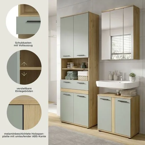 Badezimmer-Set Blake 2 | Salbei / Artisan Eiche | 3-teilig mit LED