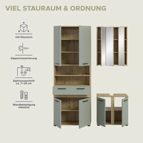 Badezimmer-Set Blake 2 | Salbei / Artisan Eiche | 3-teilig mit LED