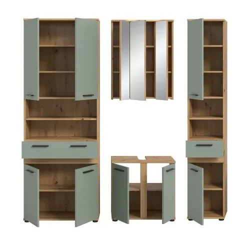 Badezimmer-Set Blake 2 | Salbei / Artisan Eiche | 4-teilig mit Aufsatzleuchte