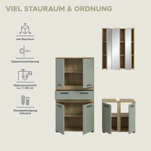 Badezimmer-Set Blake 3 | Salbei / Artisan Eiche | 3-teilig mit LED