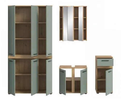 Badezimmer-Set Blake 3 | Salbei / Artisan Eiche | 4-teilig mit Aufsatzleuchte