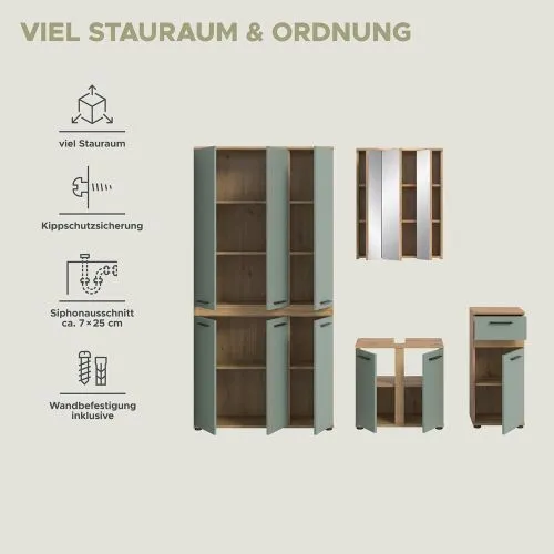 Badezimmer-Set Blake 3 | Salbei / Artisan Eiche | 4-teilig mit Aufsatzleuchte