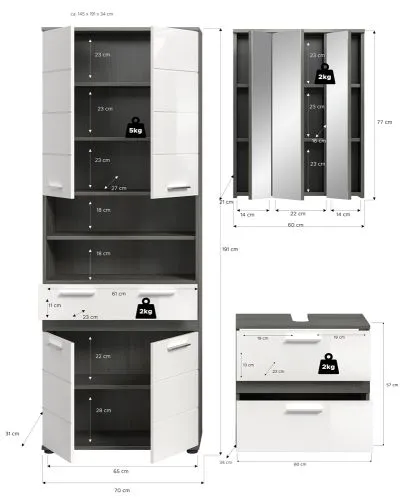 Badezimmer-Set Blake 3 | weiß Hochglanz / rauchsilber | 3-teilig