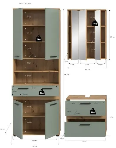 Badezimmer-Set Blake 4 | Salbei / Artisan Eiche | 3-teilig