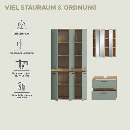 Badezimmer-Set Blake 4 | Salbei / Artisan Eiche | 3-teilig mit LED 2