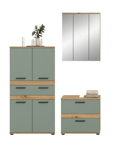 Badezimmer-Set Blake 4 | Salbei / Artisan Eiche | 3-teilig mit LED