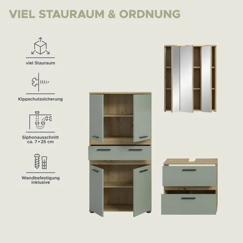 Badezimmer-Set Blake 4 | Salbei / Artisan Eiche | 3-teilig mit LED