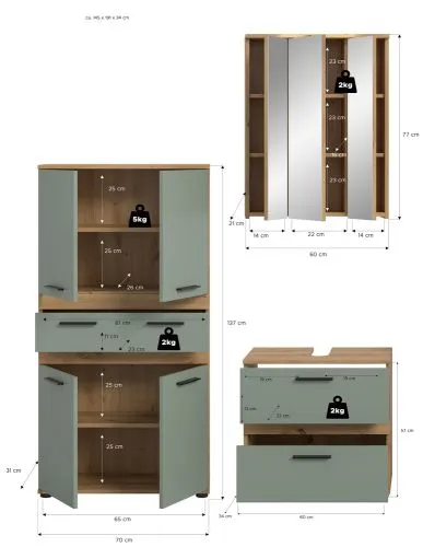 Badezimmer-Set Blake 4 | Salbei / Artisan Eiche | 3-teilig ohne Beleuchtung