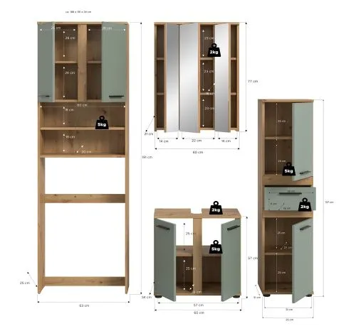 Badezimmer-Set Blake 4 | Salbei / Artisan Eiche | 4-teilig ohne Aufsatzleuchte