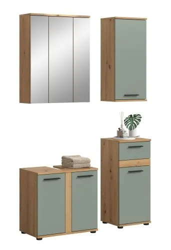 Badezimmer-Set Blake | Salbei / Artisan Eiche | 4-teilig mit Aufsatzleuchte