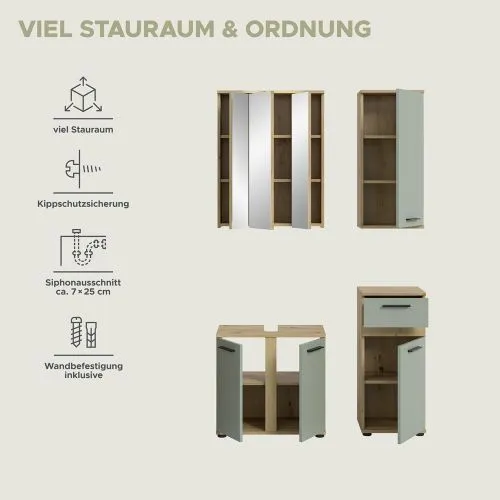 Badezimmer-Set Blake | Salbei / Artisan Eiche | 4-teilig mit Aufsatzleuchte