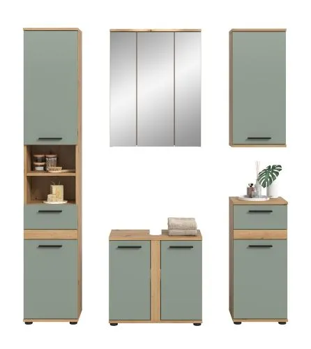Badezimmer-Set Blake | Salbei / Artisan Eiche | 5-teilig mit LED