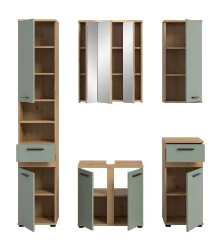 Badezimmer-Set Blake | Salbei / Artisan Eiche | 5-teilig mit LED