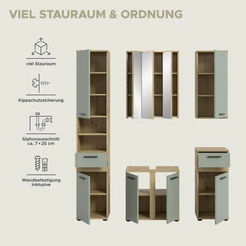 Badezimmer-Set Blake | Salbei / Artisan Eiche | 5-teilig ohne Beleuchtung