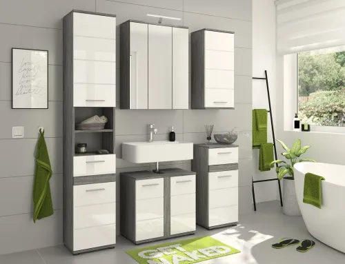 Badezimmer-Set Blake | weiß Hochglanz / rauchsilber | 3-teilig