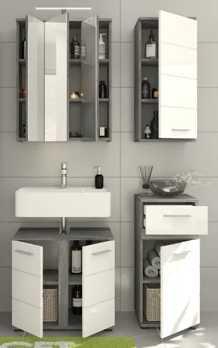 Badezimmer-Set Blake | weiß Hochglanz / rauchsilber | 4-teilig ohne Aufsatzleuchte
