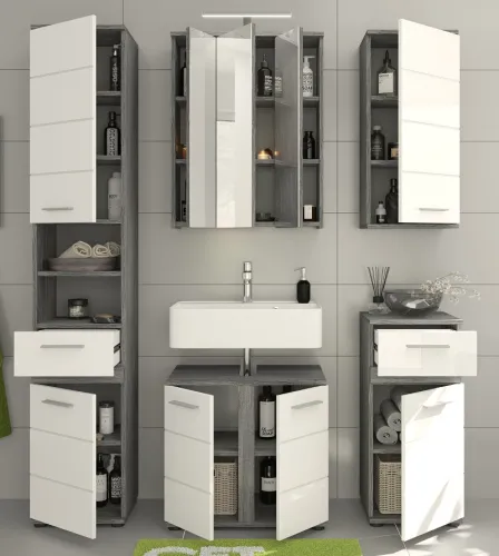 Badezimmer-Set Blake | weiß Hochglanz / rauchsilber | 5-teilig