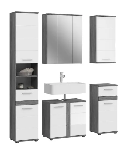 Badezimmer-Set Blake | weiß Hochglanz / rauchsilber | 5-teilig mit LED Aufsatzbeleuchtung